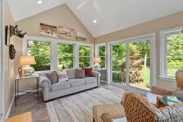 134 Reed Farm Rd, Boxborough, MA 01719 - sunroom / solarium featuring high vaulted ceiling, recessed lighting, and stone finish floors