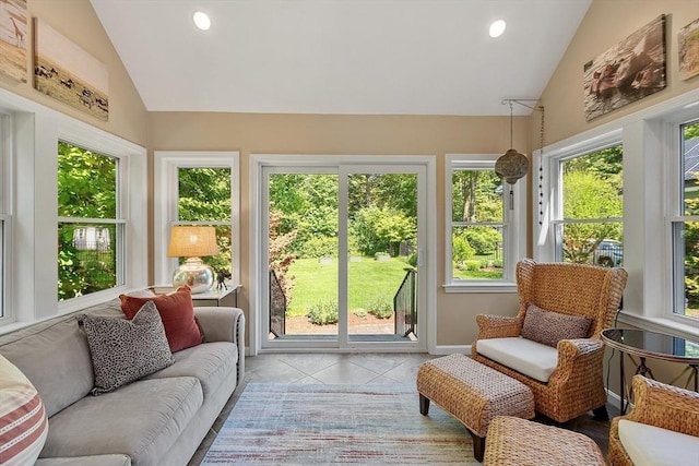 134 Reed Farm Rd, Boxborough, MA 01719 - sunroom / solarium featuring tile patterned floors, recessed lighting, high vaulted ceiling, and baseboards