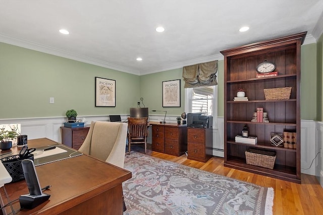 134 Reed Farm Rd, Boxborough, MA 01719 - home office featuring ornamental molding, a wainscoted wall, light wood-type flooring, a baseboard heating unit, and recessed lighting