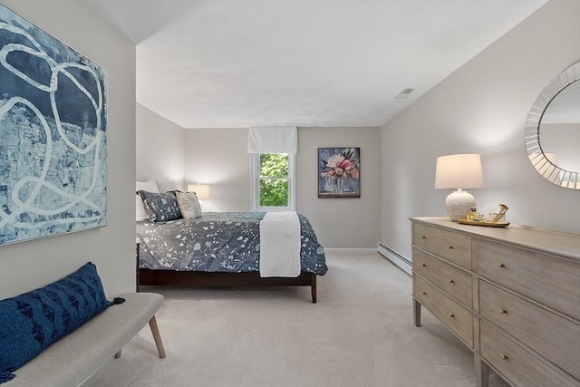 134 Reed Farm Rd, Boxborough, MA 01719 - bedroom with a baseboard heating unit, light colored carpet, and baseboards