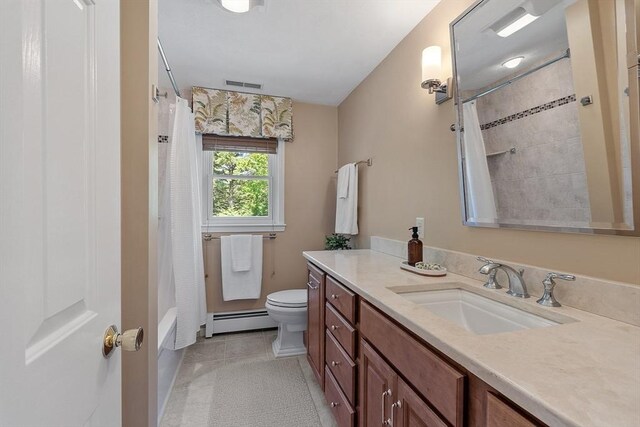 134 Reed Farm Rd, Boxborough, MA 01719 - full bathroom with baseboard heating, vanity, toilet, tile patterned flooring, and shower / bath combo
