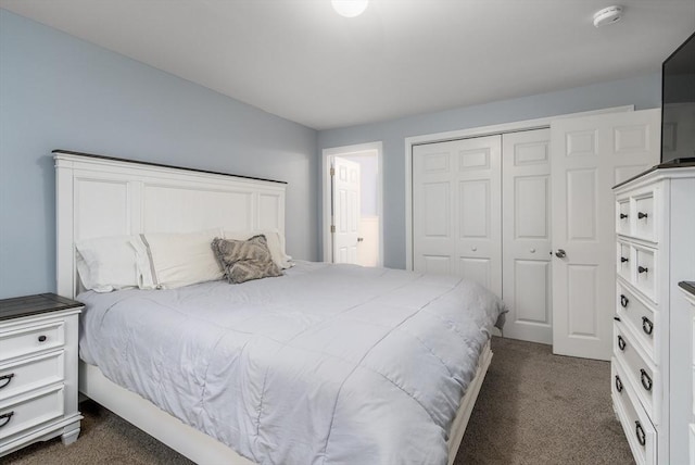 bedroom featuring dark colored carpet and a closet