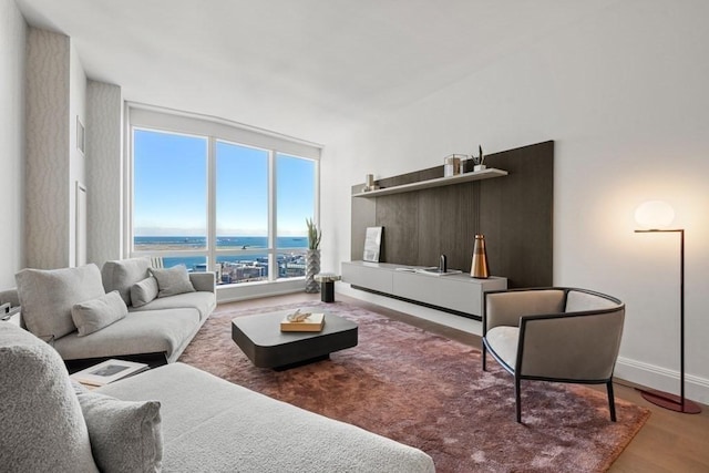 240 Devonshire St Unit 4210, Boston, MA 02110 - living room with wood finished floors, a water view, and baseboards