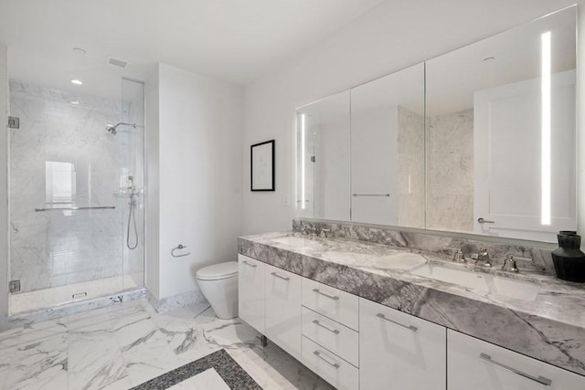 240 Devonshire St Unit 4210, Boston, MA 02110 - bathroom featuring double vanity, toilet, a marble finish shower, recessed lighting, and marble finish floors