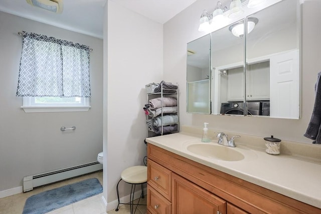 421 Gray Ter, Dighton, MA 02764 - bathroom featuring baseboard heating, vanity, a shower, and tile patterned floors
