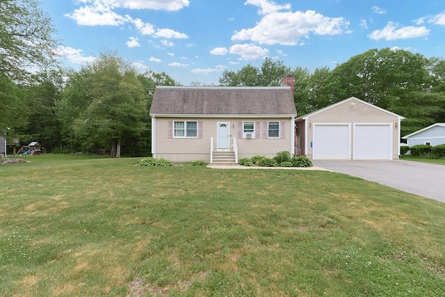 421 Gray Ter, Dighton, MA 02764 - colonial inspired home with a chimney, a garage, an outbuilding, a front yard, and a shingled roof