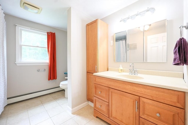 421 Gray Ter, Dighton, MA 02764 - bathroom with a baseboard radiator, vanity, toilet, tile patterned floors, and baseboards