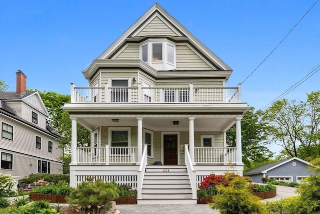 228 Langley Rd, Newton, MA 02459 - victorian house featuring a balcony, a porch, and stairway