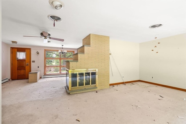 260 Landham Rd, Sudbury, MA 01776 - unfurnished living room featuring a ceiling fan, a baseboard radiator, baseboard heating, baseboards, and a brick fireplace