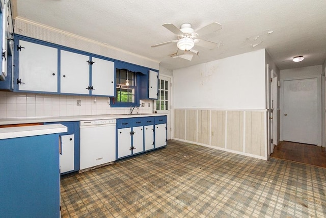 378 Linebrook Rd, Ipswich, MA 01938 - kitchen featuring dishwasher, light countertops, wainscoting, ceiling fan, and a textured ceiling