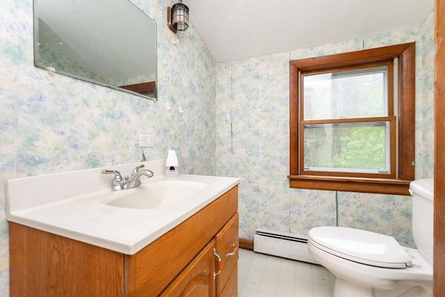 378 Linebrook Rd, Ipswich, MA 01938 - bathroom featuring vaulted ceiling, wallpapered walls, baseboard heating, toilet, and vanity