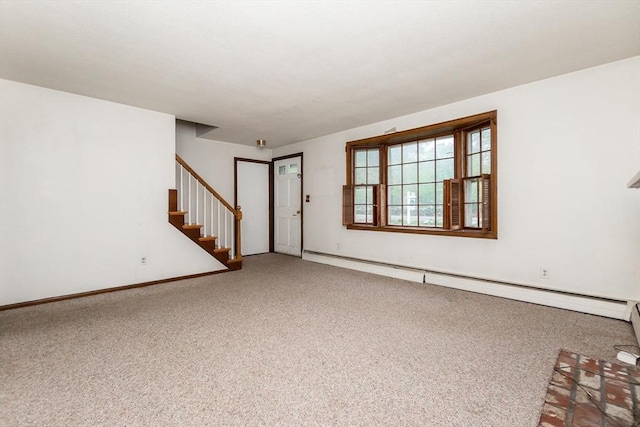 378 Linebrook Rd, Ipswich, MA 01938 - unfurnished living room with carpet flooring, stairway, a baseboard radiator, and baseboards