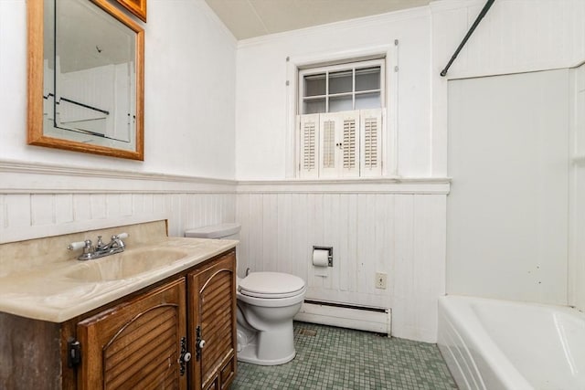 378 Linebrook Rd, Ipswich, MA 01938 - bathroom featuring a baseboard heating unit, toilet, a bathtub, a wainscoted wall, and vanity