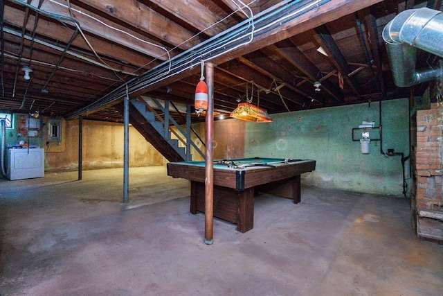 378 Linebrook Rd, Ipswich, MA 01938 - unfinished below grade area featuring washer / clothes dryer, electric panel, billiards table, and stairs