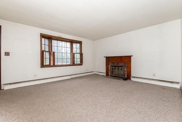378 Linebrook Rd, Ipswich, MA 01938 - unfurnished living room featuring a baseboard radiator, carpet flooring, and a fireplace
