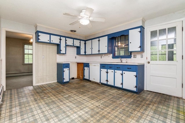 378 Linebrook Rd, Ipswich, MA 01938 - kitchen with dishwasher, blue cabinets, a baseboard radiator, a sink, and ornamental molding