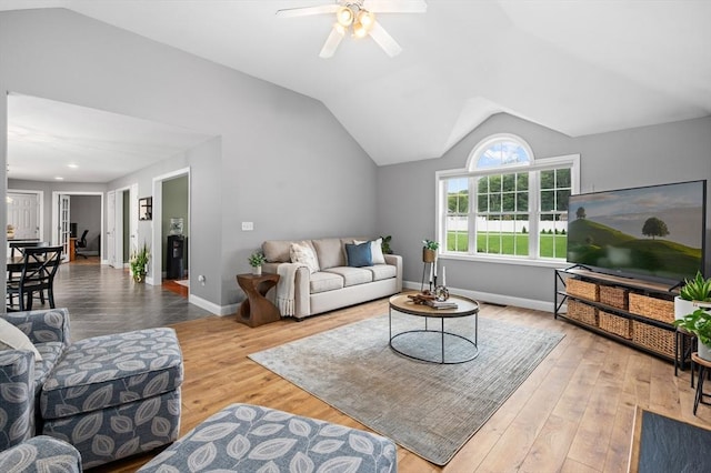 100 Overlook Ter, Dracut, MA 01826 - living area with vaulted ceiling, a ceiling fan, wood finished floors, and recessed lighting