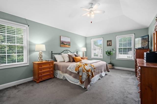 100 Overlook Ter, Dracut, MA 01826 - bedroom featuring multiple windows, carpet flooring, a ceiling fan, and lofted ceiling