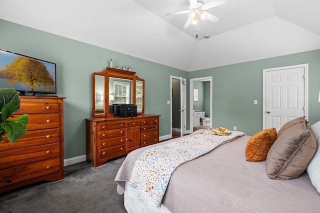 100 Overlook Ter, Dracut, MA 01826 - carpeted bedroom with vaulted ceiling, connected bathroom, and a ceiling fan