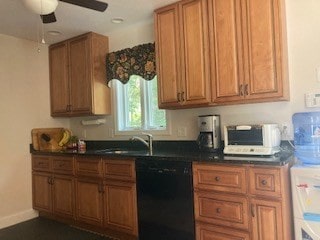 kitchen featuring black dishwasher, sink, and ceiling fan