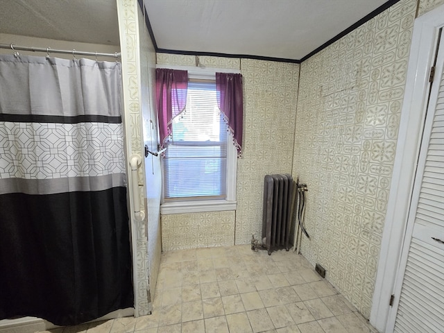 bathroom featuring radiator and ornamental molding