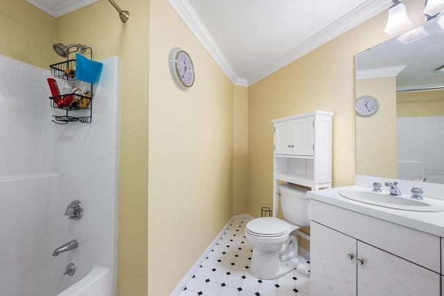 bathroom featuring crown molding, tile patterned floors, toilet, and vanity
