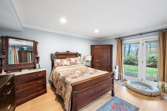 bedroom with access to exterior, ornamental molding, and light wood finished floors