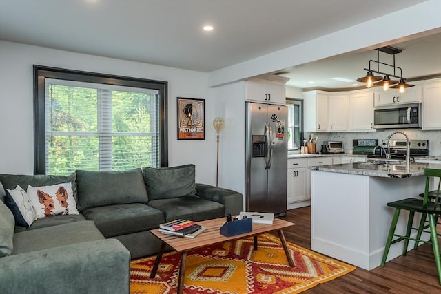 living area with dark wood-style floors and recessed lighting