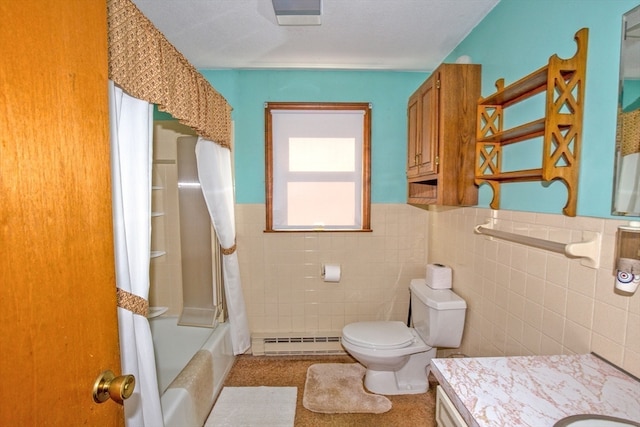 full bathroom with a baseboard radiator, toilet, tile walls, vanity, and shower / bathtub combination with curtain