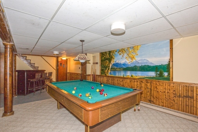 playroom with wood walls, billiards, and a paneled ceiling