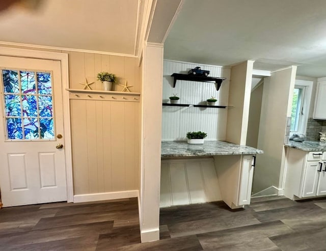 interior space featuring dark hardwood / wood-style floors and crown molding