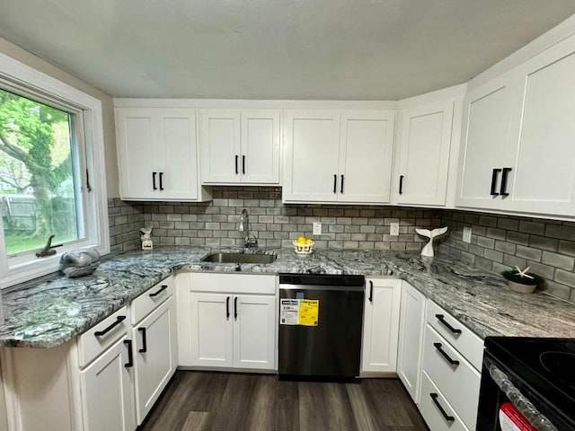 kitchen with sink, dishwasher, white cabinetry, and dark hardwood / wood-style flooring