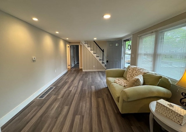 living room featuring dark wood-type flooring