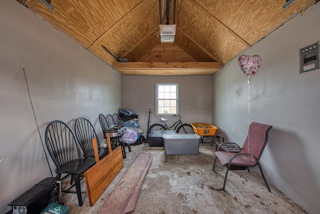 interior space with lofted ceiling and wood ceiling