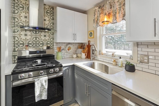 kitchen with appliances with stainless steel finishes, sink, gray cabinetry, white cabinets, and wall chimney exhaust hood