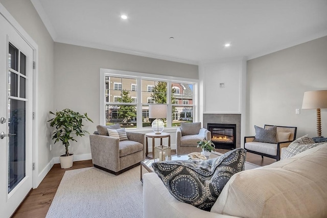 living room with wood finished floors, baseboards, a glass covered fireplace, and recessed lighting