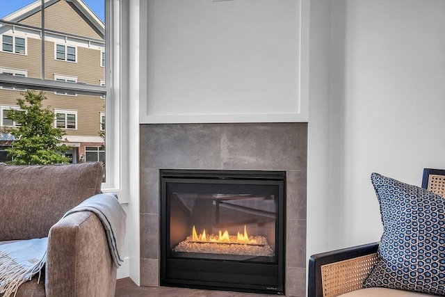 details with a glass covered fireplace
