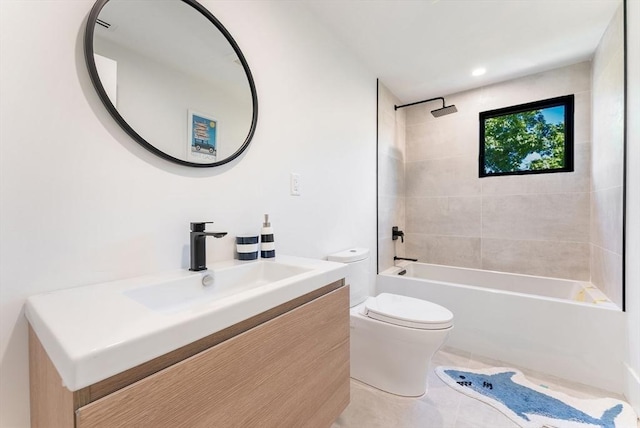 135 Beach St, Cohasset, MA 02025 - bathroom featuring toilet, vanity,  shower combination, and tile patterned flooring