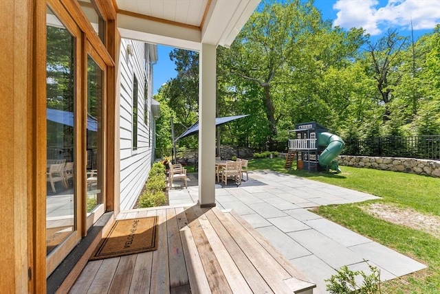 135 Beach St, Cohasset, MA 02025 - view of patio / terrace with outdoor dining space and a playground
