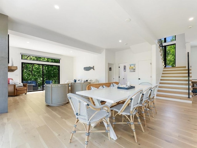 135 Beach St, Cohasset, MA 02025 - dining area featuring plenty of natural light, light wood-style flooring, recessed lighting, and stairs