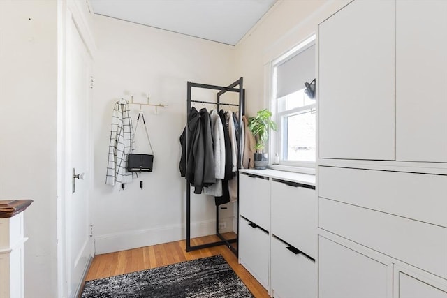 walk in closet with light wood-style flooring