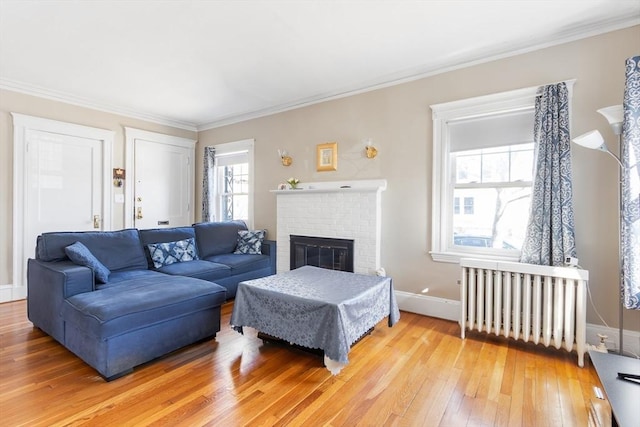 living room with a brick fireplace, crown molding, and radiator heating unit