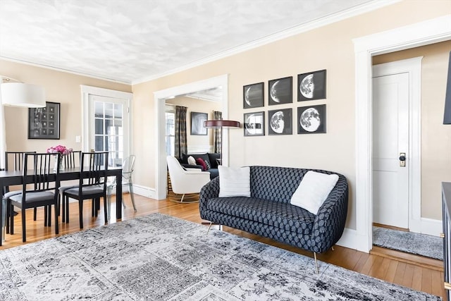 living room featuring hardwood / wood-style flooring, baseboards, and ornamental molding