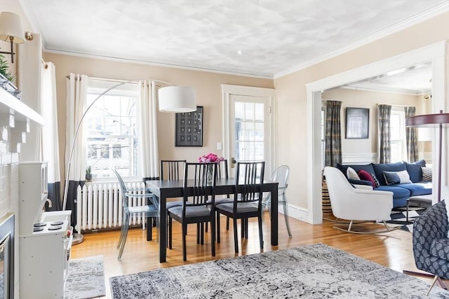 dining room featuring light wood-style floors, radiator, crown molding, and plenty of natural light