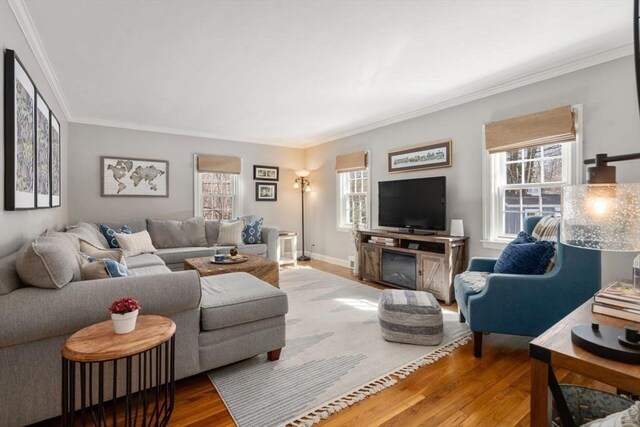 living room with crown molding, wood finished floors, baseboards, and a wealth of natural light