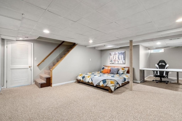 carpeted bedroom with recessed lighting and baseboards