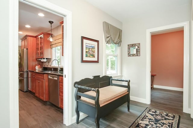 corridor with a wealth of natural light, baseboards, a sink, and dark wood-style floors
