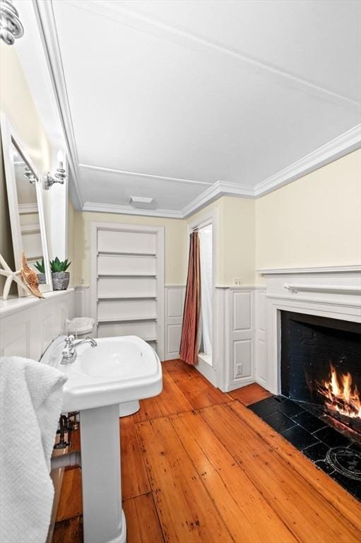 2 Andover St Unit A, Salem, MA 01970 - bathroom featuring hardwood / wood-style floors, ornamental molding, wainscoting, and a fireplace with flush hearth