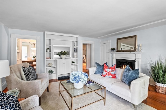 2 Andover St Unit A, Salem, MA 01970 - living area featuring wood finished floors, a warm lit fireplace, and built in shelves