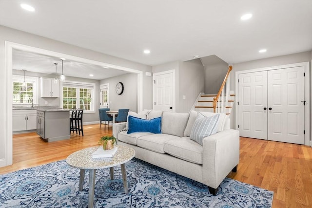 30 Oak Meadow Pl Unit 30, Bridgewater, MA 02324 - living room with light wood-type flooring, stairs, and recessed lighting